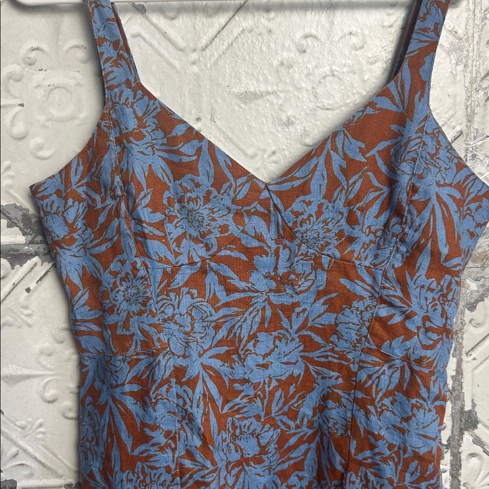 Madewell linen Blue and Brown Floral tropical Dress - Picture 3 of 7